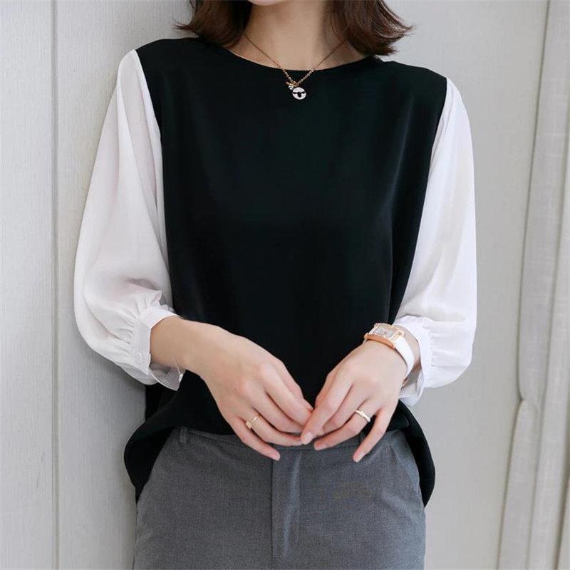 送料無料SALE | ブラウス レディース 切り替え フェイク ストライプ パフスリーブ 無地 黒 白 トップス シャツ 丸ネック 七分袖 夏服 大人 サマー 30代40代 50代 可愛い OL