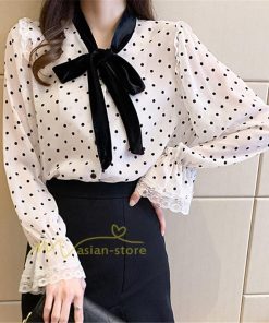 シャツ・ブラウス | ブラウス レディース 長袖ブラウス 秋服 オフィスブラウス リボンネック オシャレブラウス プリントトップス 韓国風 大人 ゆったりシャツ 通勤OL ドット柄 上品