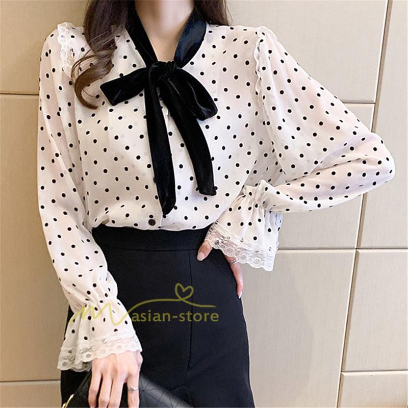 シャツ・ブラウス | ブラウス レディース 長袖ブラウス 秋服 オフィスブラウス リボンネック オシャレブラウス プリントトップス 韓国風 大人 ゆったりシャツ 通勤OL ドット柄 上品