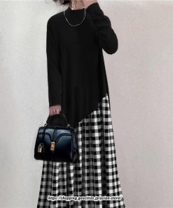 フレア | ドッキングワンピース 無地 チェック柄 長袖 レディース 秋物 ワンピース ロング丈 30代60代 フレアワンピース 不規則 丸首 切替 Tシャツワンピース 黒白