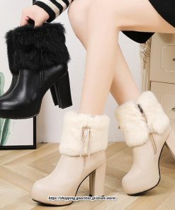 ブーツ | ショートレディース 10.5cmヒール ファー サイドジッパー 太めヒール 冬用 保温 防寒 あったか 疲れない オシャレ 歩きやすい 冬靴 痛くない