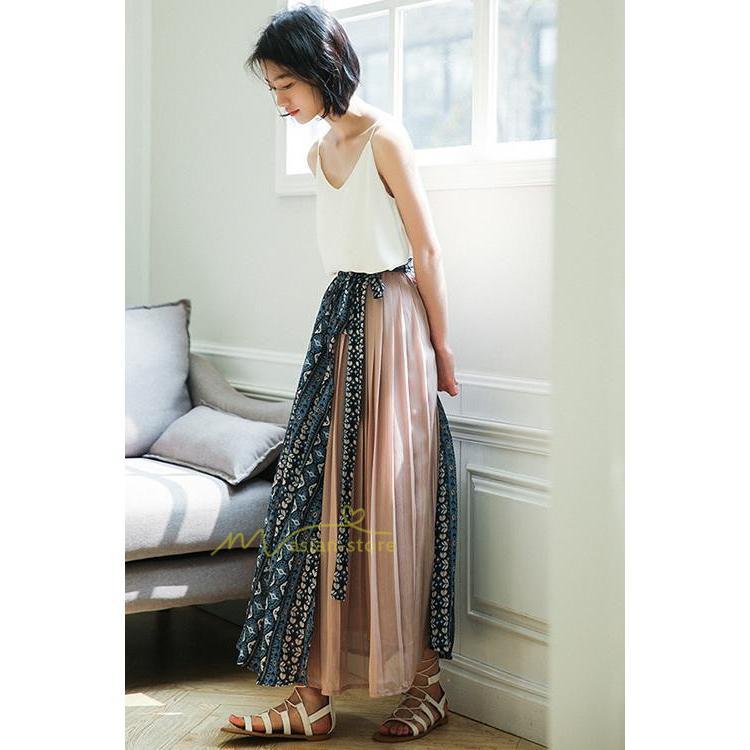 スカート | マキシロング ワイド フレア ゆったり バイカラー 春 夏 秋 冬 レディース 体系カバー Aライン プリーツシフォン 20代30代40代50代