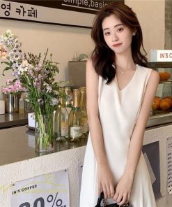 ミディアム | ワンピース レディース ノースリーブ 着痩せ 春 夏 新作 無地 きれいめ サマーワンピース 20代 30代 40代 Vネック エレガント 韓国風 上品 通学 通勤 大人