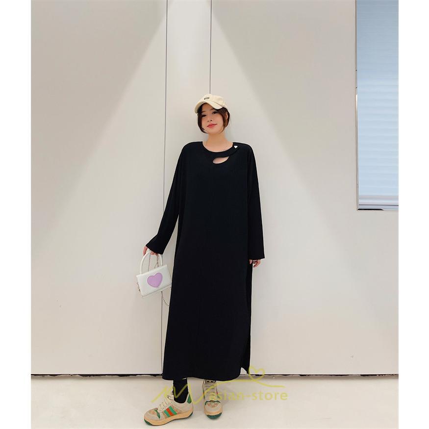 マキシ | 秋ワンピース 黒ワンピース ロングワンピース 秋物 レディース ワンピース 長袖ワンピース 30代40代 裾スリット 着痩せ 秋服 大人 通学通勤 無地 大きいサイズ