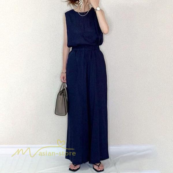 セットアップ | レディース 夏新作 無地 薄手 ワイドパンツ キャミソール ノースリーブ 薄手 上下セット ロングパンツ ガウチョパンツ ルームウェア 可愛い