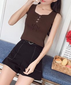 Tシャツ・カットソー | ニットキャミソール レースアップ 春夏 ノースリーブ レディース ニットビスチェ タンクトップ トップス