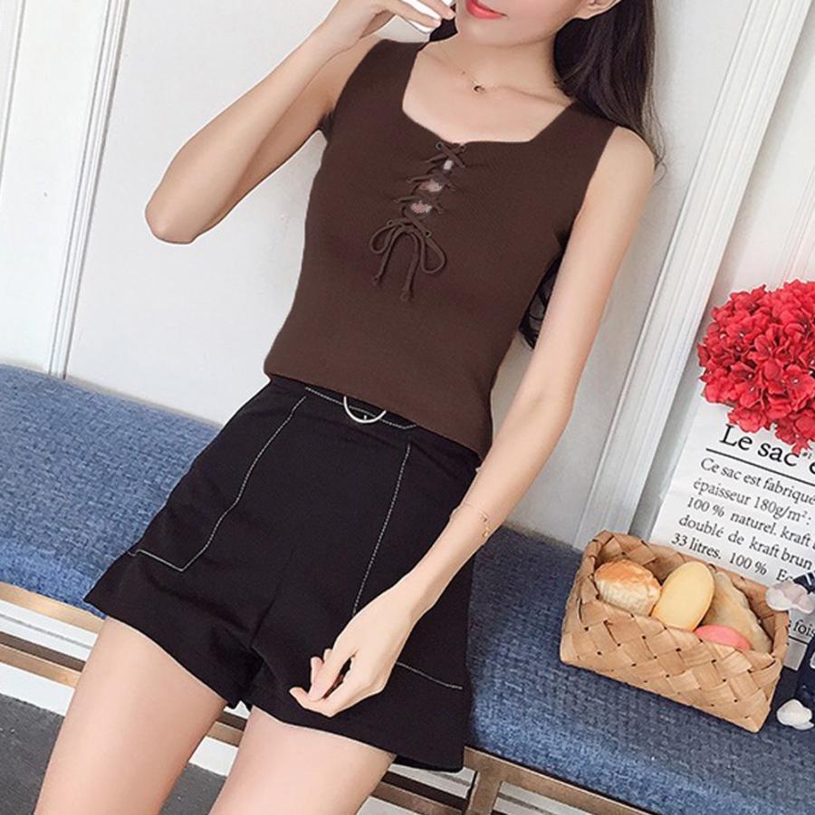 Tシャツ・カットソー | ニットキャミソール レースアップ 春夏 ノースリーブ レディース ニットビスチェ タンクトップ トップス