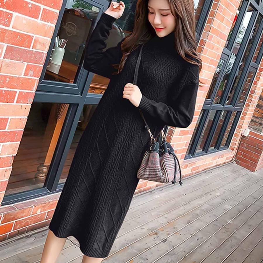 ワンピース | ロング長袖 レディース ケーブルニット タートルネック 厚手 ざっくり ニット