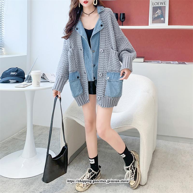 コート・ジャケット | ジャケット レディース 長袖 トップス ニット ニットカーディガン 切り替え デニム アウター 配色 デザイン おしゃれ 冬 カジュアル 2022 秋 カーディガン