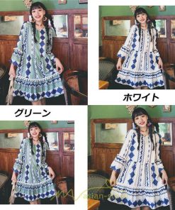 ミニ丈 | ワンピース 夏秋 レディース 長袖 綿麻 ひざ上 ショート かわいい リゾート 休み 旅行 お出かけ 華やか 着痩せ ゆったり 幾何学柄 エスニック風 Vネック 民族風