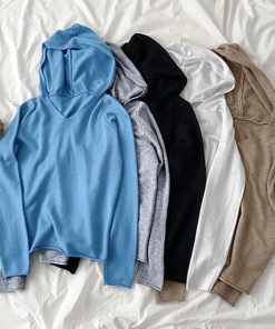 ニット・セーター | シンプル ニットトップス 長袖 ニットパーカー Vネック レディース プルオーバー フード付き 秋冬 ニットセーター