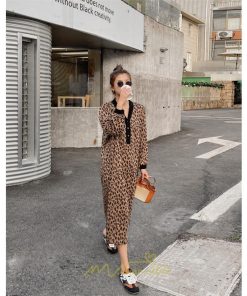 マキシ | レオパードワンピース 秋 レディース ヒョウ柄 Vネック ワンピース ロングワンピース 長袖ワンピース 大人 ゆったり 裾スリット 秋冬 30代40代50代 大きいサイズ