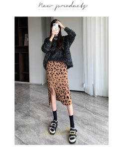 スカート | ロング 秋 冬 Aライン ロング丈 ハイウエスト ヒョウ柄 かっこいい セクシー  スリット ニット 韓国風 高見え デート おでかけ 2022新作 女子会 細見え