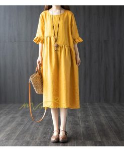 ミディアム | ワンピース レディース 40代 50代 半袖 きれいめ ゆったり ミディ丈 30代 ミディアム丈 綿麻混ワンピース 韓国ファッション 丸首 上品 カジュアル 夏物 お出かけ