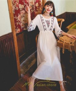 マキシ | ワンピース トップス ロング ロングワンピース 綿麻 夏秋 レディース 大人 おしゃれ シンプル ナチュラル カジュアル 刺繍 花柄 丸首 華やか 上品