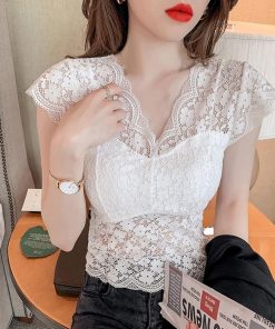 透かし編みトップス | 花柄 総レース トップス Vネック 透け感