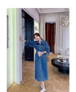 マキシ | デニムワンピース 秋 レディース ジャケット 羽織り ワンピース 長袖 腰着痩せ 女性美シルエット デニム 30代40代50代 ロング丈 オフィス 無地 秋コーデ