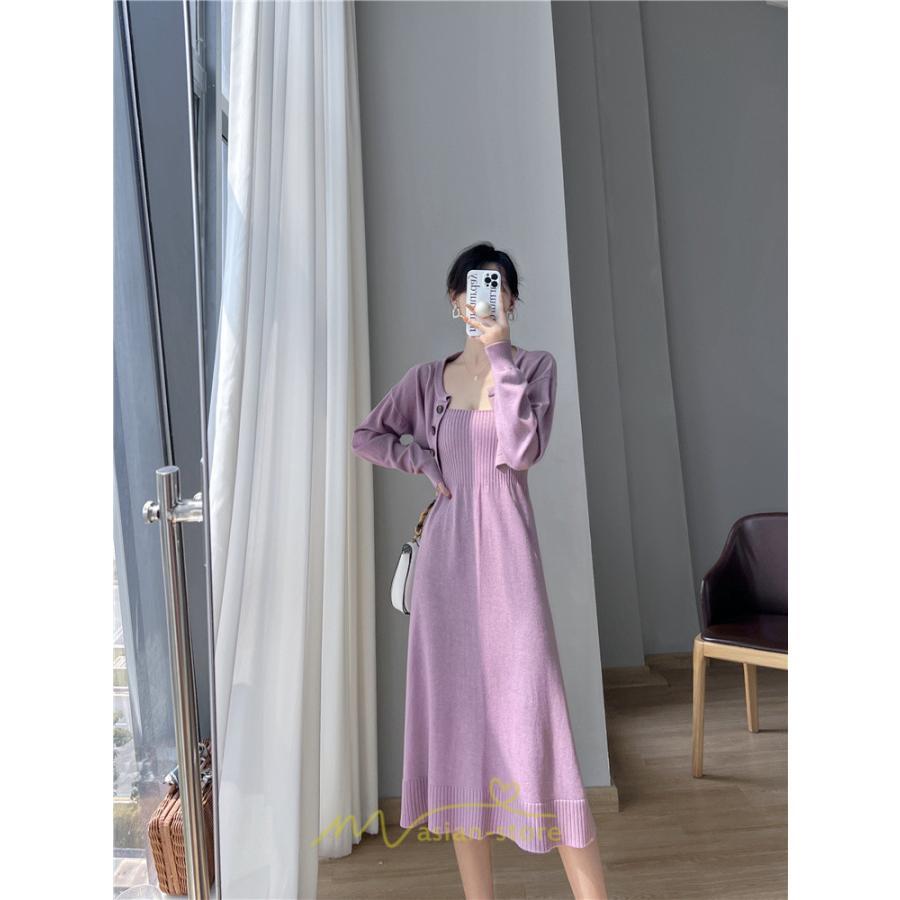 ニットワンピース | セットアップ レディース 秋冬 きれいめ ロング丈無地 20代30代40代50代 長袖 可愛い お出かけ 大人 通勤 韓国風 着痩せ