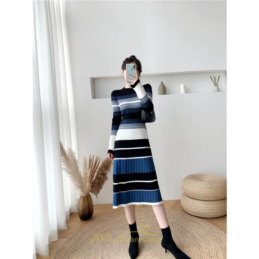 ニットワンピース | ワンピース レディース ニット ワンピース ニット チュニック ロング 長袖 着痩せ 秋冬 送料無料 ボーダー柄 2022新作 韓国風 秋冬コーデ 大人可愛い