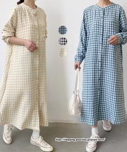マキシ | 長袖ワンピース チェック柄ワンピース ロングワンピース レディース 秋物 ワンピース 楽チン 綿ワンピース 綿シャツワンピ スタンドカラー ゆったり 大きめ