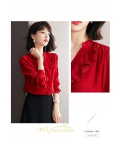 シャツ・ブラウス | ブラウス レディース シャツ トップス 赤 長袖シャツ 無地 オフィス カジュアル おしゃれ シフォン 通勤 フリル 可愛い オシャレ キレイめ ナチュラル 上品