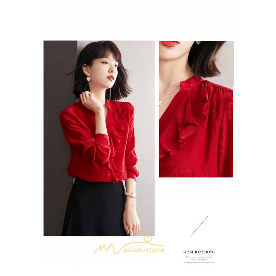 シャツ・ブラウス | ブラウス レディース シャツ トップス 赤 長袖シャツ 無地 オフィス カジュアル おしゃれ シフォン 通勤 フリル 可愛い オシャレ キレイめ ナチュラル 上品