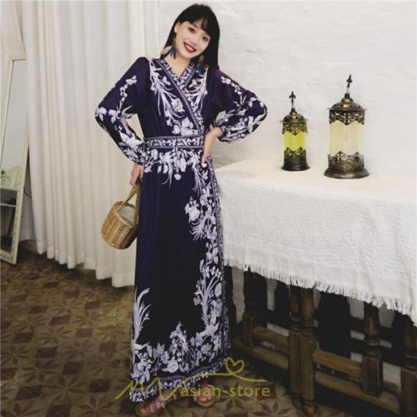 マキシ | マキシワンピース ロングワンピース レディース 夏 秋 長袖 紺 ゆったり Aライン 花柄プリント きれいめ リゾート 大人 20代 母 40代 同窓会 二次会 ママ 30代