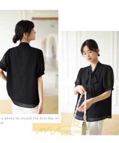 シャツ・ブラウス | ブラウス レディース おしゃれ きれいめ 半袖ブラウス カジュアル 無地 フォーマル オフィス オフホワイト 黒 シフォン OL 蝶結び 通勤 新作 お出かけ ビジネス