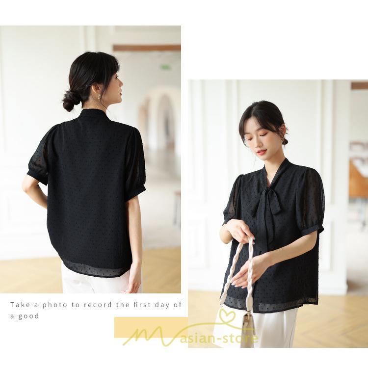 シャツ・ブラウス | ブラウス レディース おしゃれ きれいめ 半袖ブラウス カジュアル 無地 フォーマル オフィス オフホワイト 黒 シフォン OL 蝶結び 通勤 新作 お出かけ ビジネス