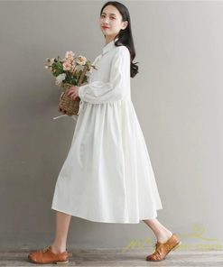 シャツワンピース | 長袖ワンピース 綿麻 ワンピース カワイイ 白 フレアワンピース 無地 春物 レディース 通学通勤 20代30代 女の子 春コーデ 学生