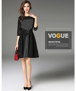 レースワンピース | 7分袖 ひざ丈ワンピ フレアワンピース レディース 大きいサイズ 膝丈ワンピース レース 二次会 通勤 水玉 切り替え パーティー