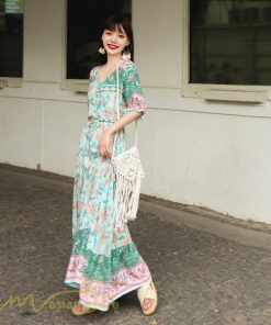 マキシ | ロングワンピース 五分袖 夏ワンピース 秋新作 Aラインワンピース マキシワンピース 花柄 プリント 旅行 ダンス ワンピース 30代40代 舞台 可愛い リボン