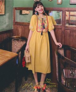 マキシ | ワンピース レディース 刺繍 綿麻 レトロ調 インスタ映え ナチュラル エスニック風 民族風 ボヘミアン 柔らかい SNS映え リゾート 赤 黄色 撮影 白