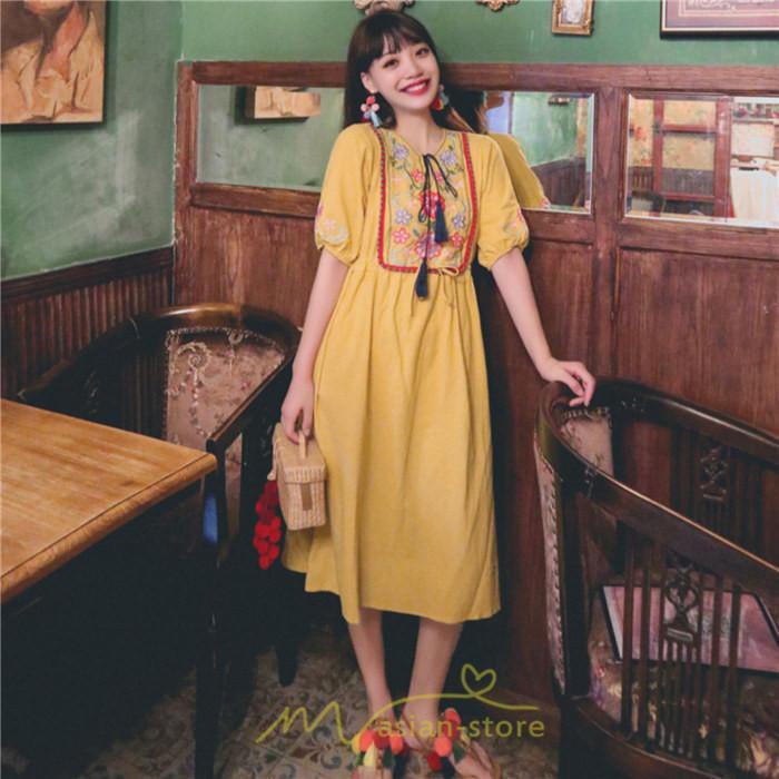 マキシ | ワンピース レディース 刺繍 綿麻 レトロ調 インスタ映え ナチュラル エスニック風 民族風 ボヘミアン 柔らかい SNS映え リゾート 赤 黄色 撮影 白