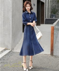 デニムワンピース | レディース デニム ワンピース マーメイド 長袖 秋 5分袖 カジュアル シャツワンピース カジュアル ロング丈 レトロ風 ポケット 着痩せ