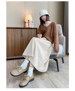 スカート | コーデュロイ台形秋冬 Aライン バッグゴム サイドポケット リブ 広い裾幅 通学通勤 オフィス ミモレ丈 可愛い ロング丈 低身長