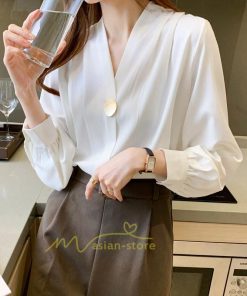 シャツ・ブラウス | ブラウス レディース 長袖ブラウス 春秋 オフィスブラウス 白vネック オシャレブラウス シフォントップス 韓国風 大人 上品 40代 ゆったりシャツ 通勤OL 50代