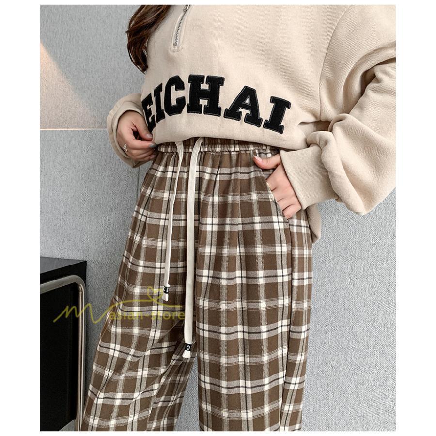 ワイドパンツ | レディース パンツ ゆったり 秋冬 コーデ カジュアル チェック柄 20代 30代 着痩せ 体型カバーロング丈 お出かけ ウエストゴム 50代 40代