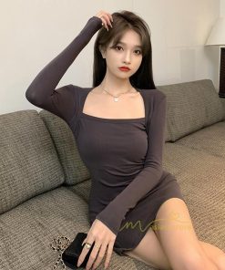 ミニ丈 | ニットワンピース ショート丈 レディース セクシー 長袖タイトワンピ 着やせ おしゃれ パーティードレス ファッション ミニワンピ スクエアネック ストレッチ