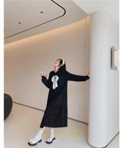 マキシ | 切り替えワンピース 長袖ワンピース 大きいサイズ ゆったり 体型カバー 黒ワンピース プリント ちょう 30代50代 かわいい 秋物 大人40代 レディース