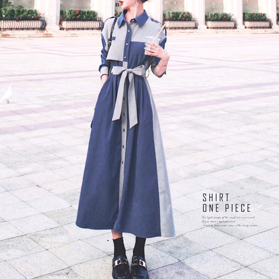 オールインワン | 長袖 ロング ウエストマーク ワンピース ミモレ丈 体型カバー ワンピース 着やせ 春秋 シャツワンピース おしゃれ レディース