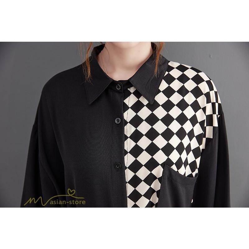 シャツワンピース | ワンピース 長袖 秋 新作 チェック柄 ゆったり 切り替え フリーサイズ ウエストリボン 体型カバー シンプル 大人 バルーンスリーブ 前開き