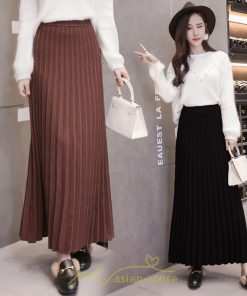 スカート | ニット秋冬 レディース ロングプリーツハイウエスト 大人 30代 ウエストゴム 40代 50代 ストレッチ 無地 エレガント 柔らか