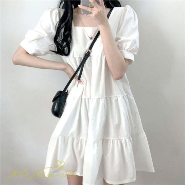 ミニ丈 | ワンピース 無地 レディース ショートワンピース 半袖 かわいい スクエアネック サマーワンピース 夏新作 カジュアル 黒 Aラインワンピース XL ゆったり 白