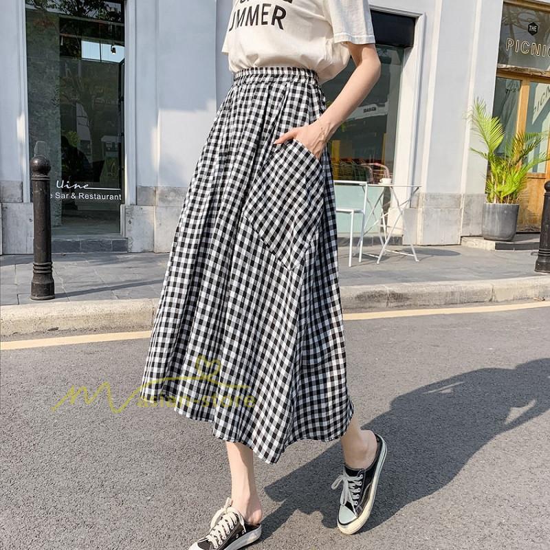 スカート | チェック柄 ロング丈 フレア ボトムス レディース 春 夏 秋 冬 体系カバー Aライン ウエストゴム おしゃれ 通勤 OL カジュアルブ無地 韓国風