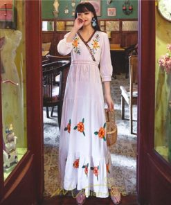 マキシ | ワンピース レディース 長袖 きれいめ ロング丈 マキシ丈 大人 リラックス 花柄 Aライン 着痩せ ハイウエスト リゾート 旅行 Vネック 体型カバー フェミニン