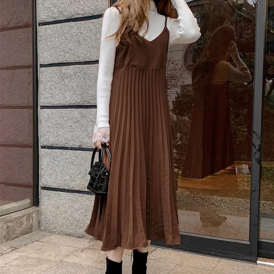 ロングスカート | ロングワンピース シンプル 無地 重ね着 フェミニン フレアキャミワンピ 着やせ レディース キャミソールワンピース プリーツ