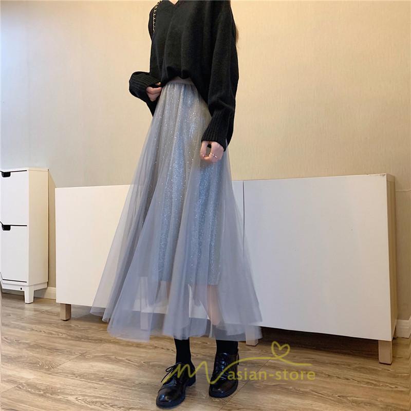 スカート | チュール秋冬 チュールフレアロングキラキラ ふんわり ウエストゴム レディース Aラインミモレ丈可愛 キレイめ ボトムス