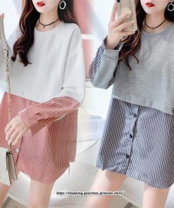 パーカー | 重ね着風トレーナー レディース 長袖 トップス カジュアル スウェット ストライプ柄 ゆったり トレーナー トップス きれいめ レイヤード風 可愛い 切り替え