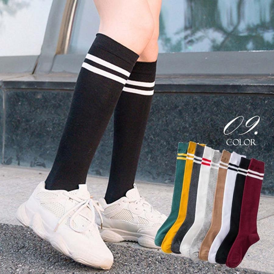 ストール | レディース 2本ライン 通学 ボーダー 靴下 無地 ロングソックス 靴下 綿 ハイソックス